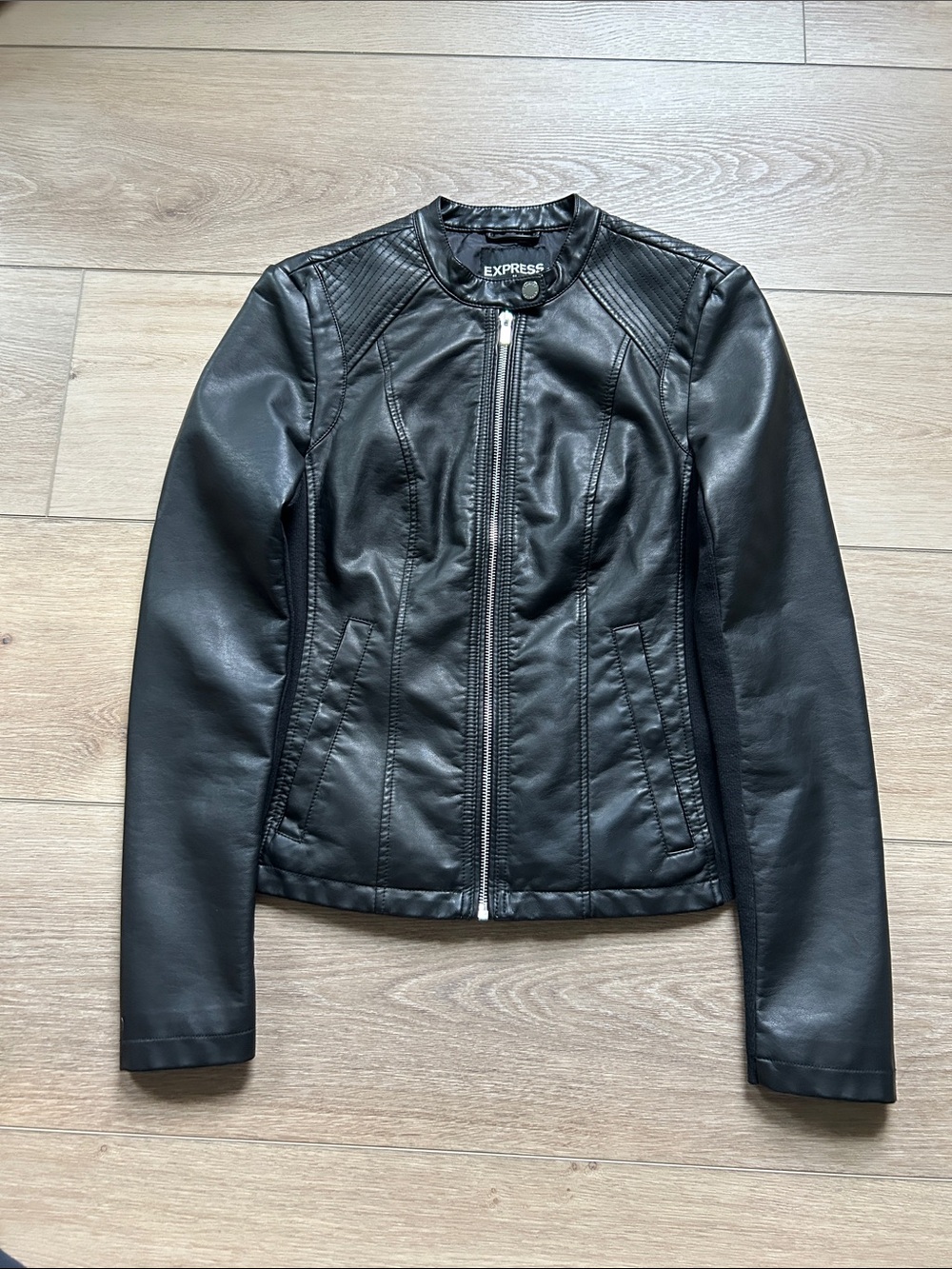 Express Black Faux Leather Moto Jacket with Panel Stitching